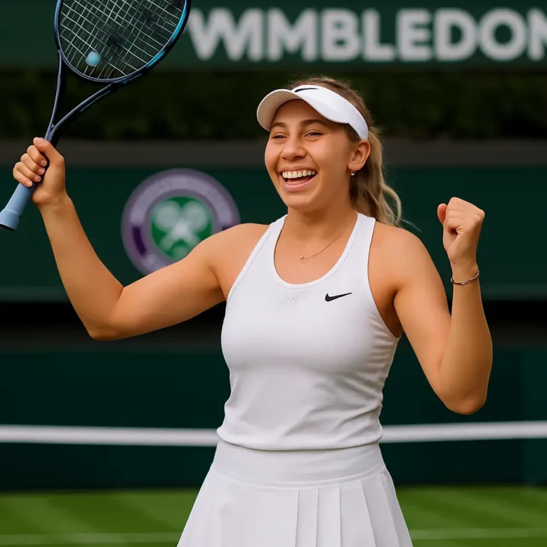 Amanda Anisimova celebrating at Wimbledon 2025, showcasing her tennis passion."