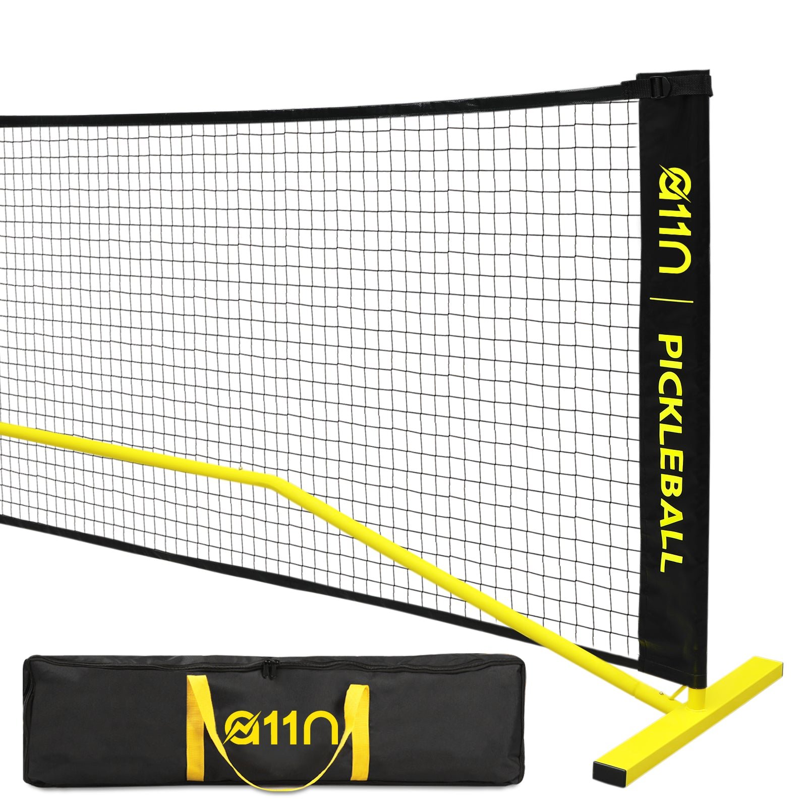 A11N Core 22ft portable pickleball net with black and yellow frame