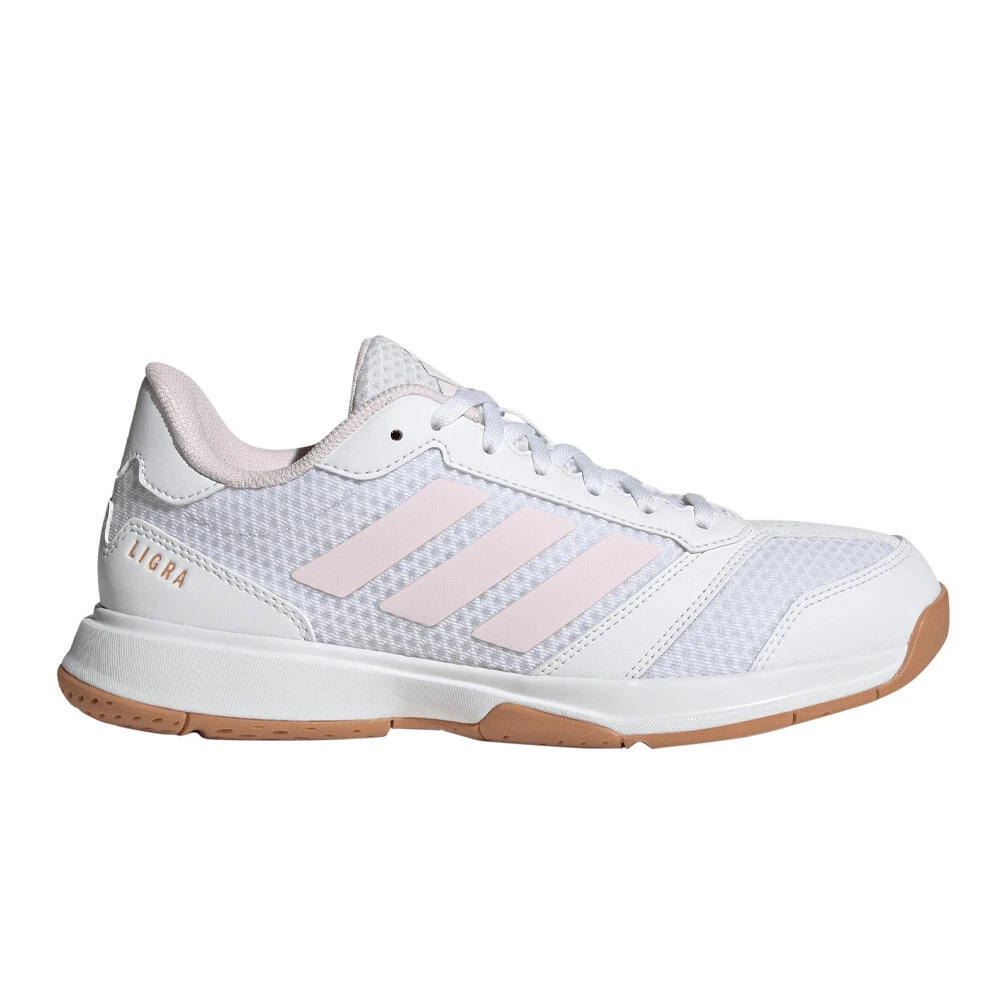 adidas Ligra 8 women's indoor court shoes in cloud white, pink and gold