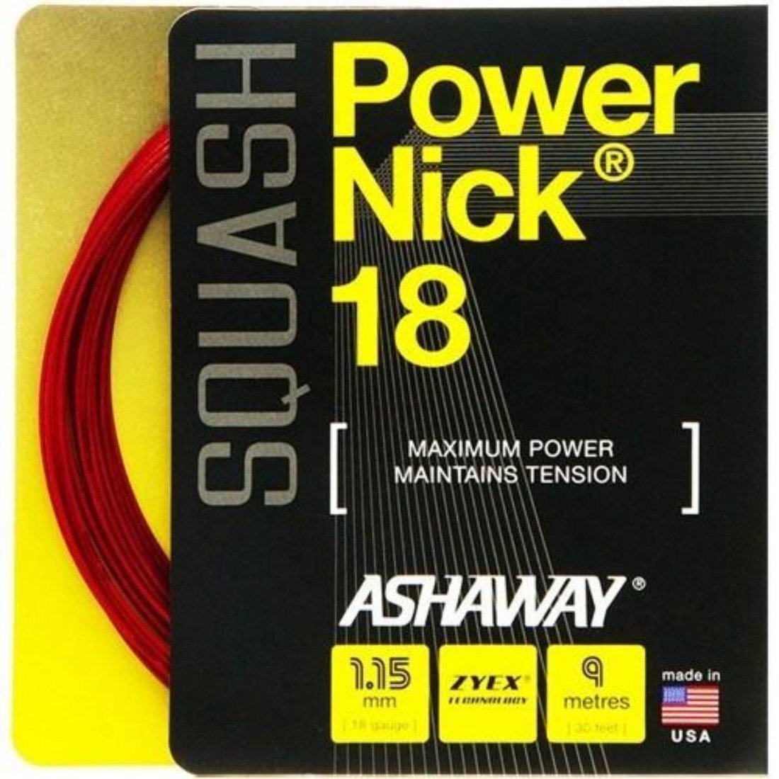 Ashaway PowerNick 18 red squash string set in retail packaging