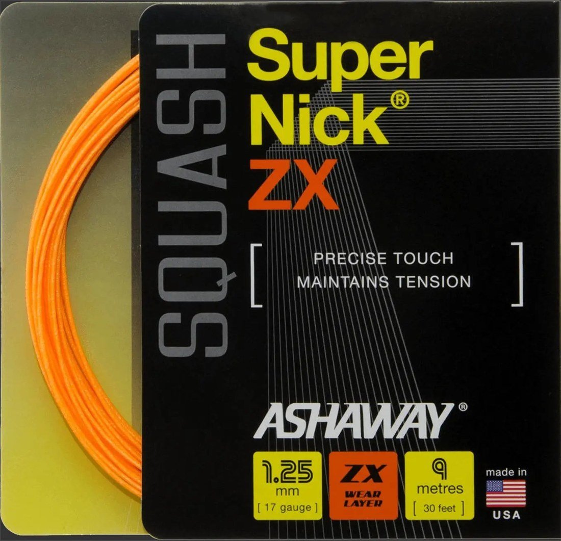 Ashaway SuperNick ZX orange squash string set in retail packaging