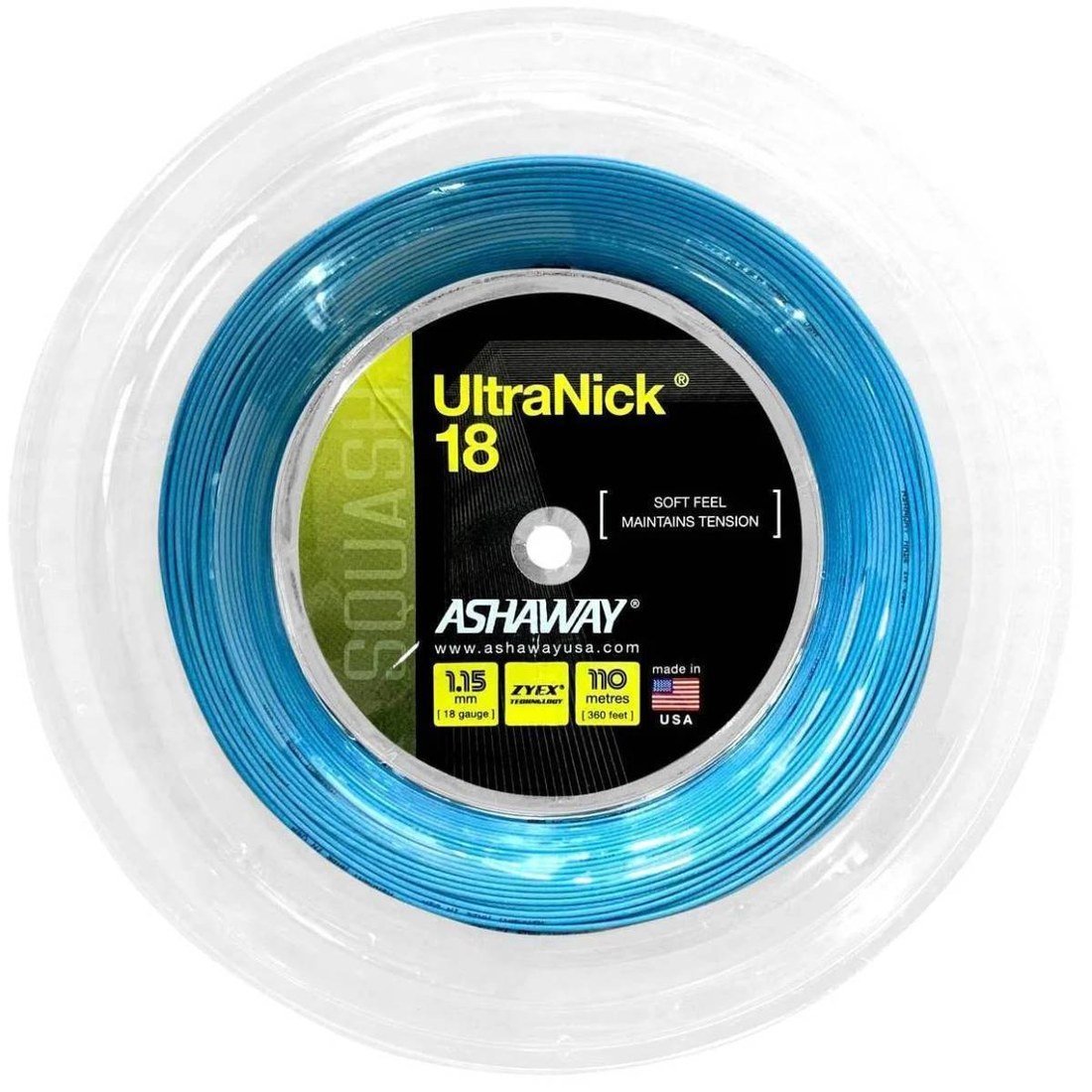 Ashaway UltraNick 18 blue squash string reel in retail packaging