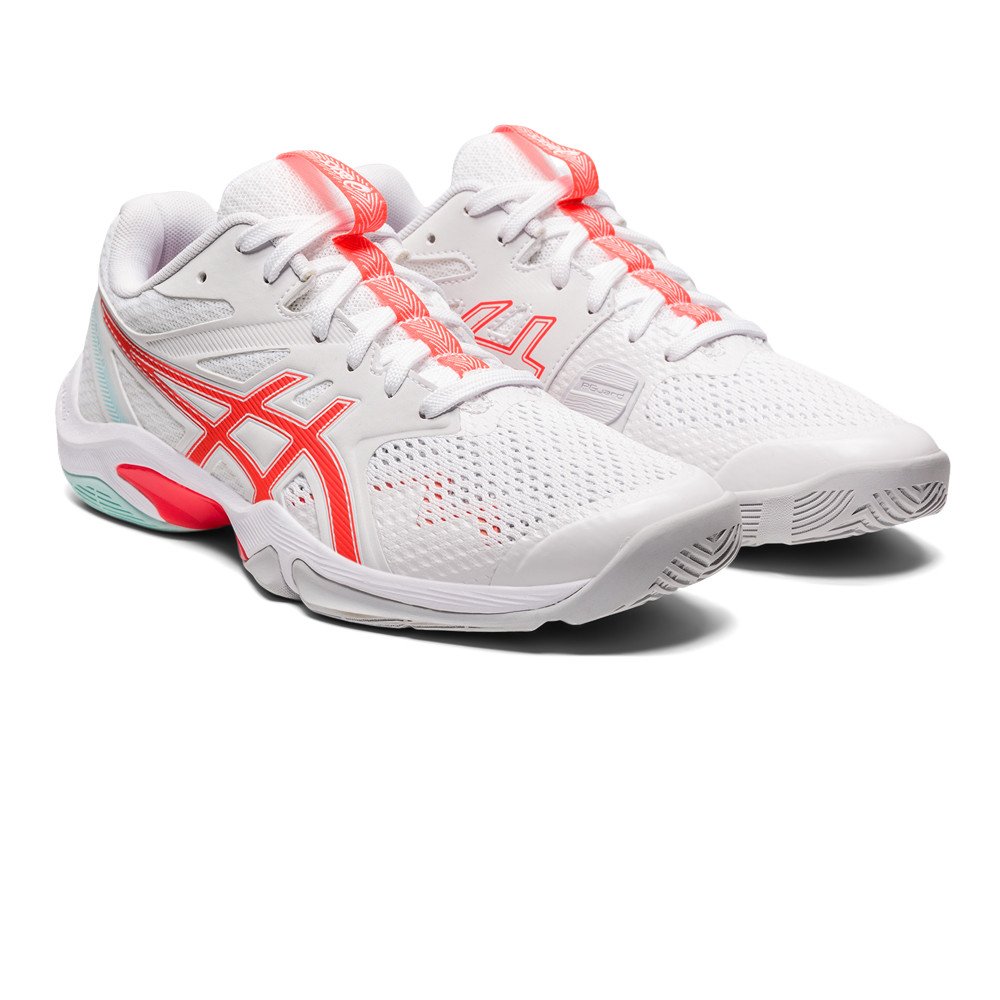 ASICS Gel-Blade 8 women's court shoe in white and sunrise red, side view