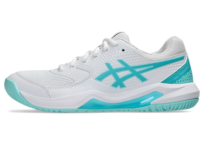 ASICS Gel-Dedicate 8 Pickleball women's shoe in White and Energy Aqua, side view