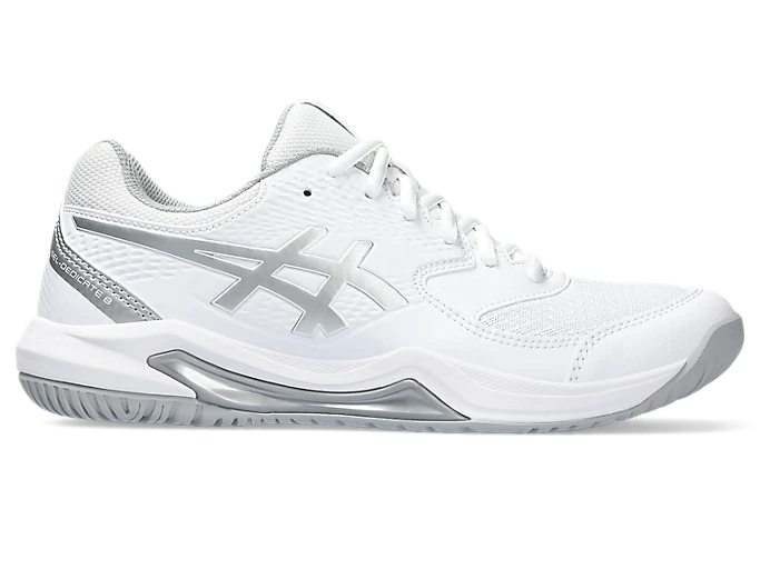 ASICS Gel-Dedicate 8 women's tennis shoe in white, side view