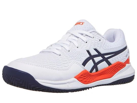 ASICS Gel-Resolution 9 GS junior tennis shoe in white with navy and orange accents