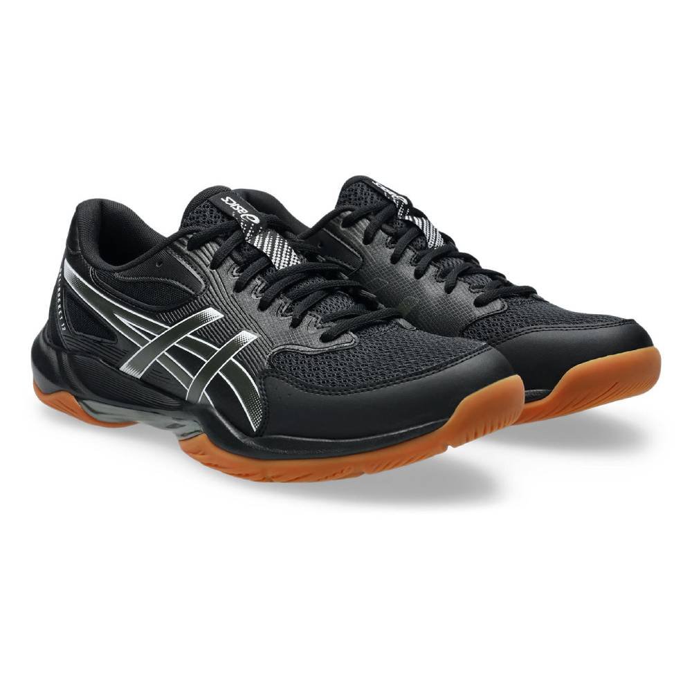 Asics Gel-Rocket 12 indoor court shoe in black with gum rubber outsole — budget badminton and multi-court shoe
