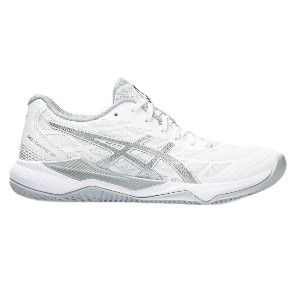 ASICS Gel-Tactic 12 women's indoor court shoe in white and silver, side view