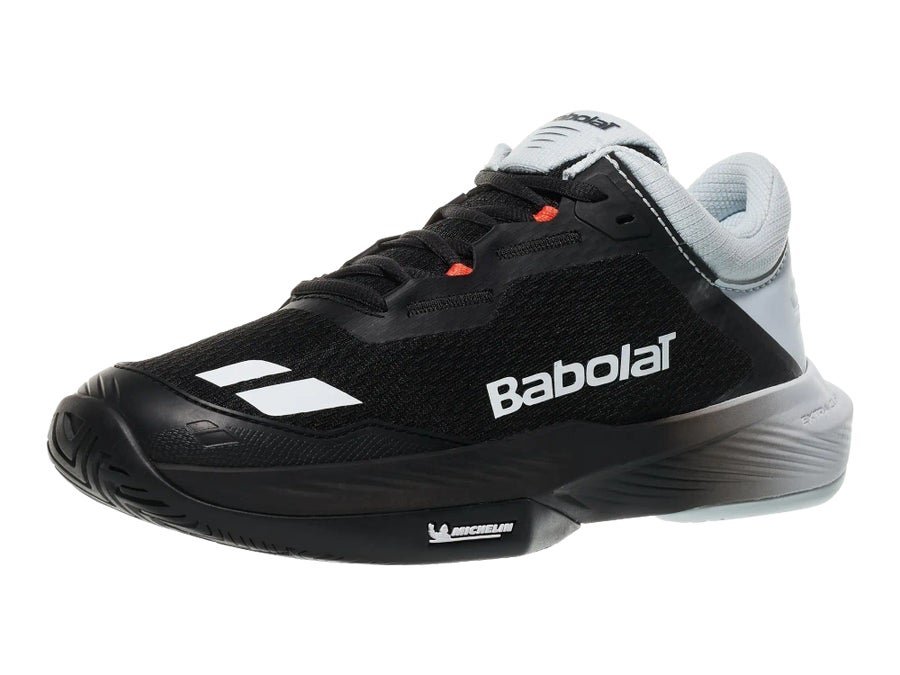Babolat SFX 4 All Court tennis shoe in black with blue trim, from Babolat's wide-fit SFX line