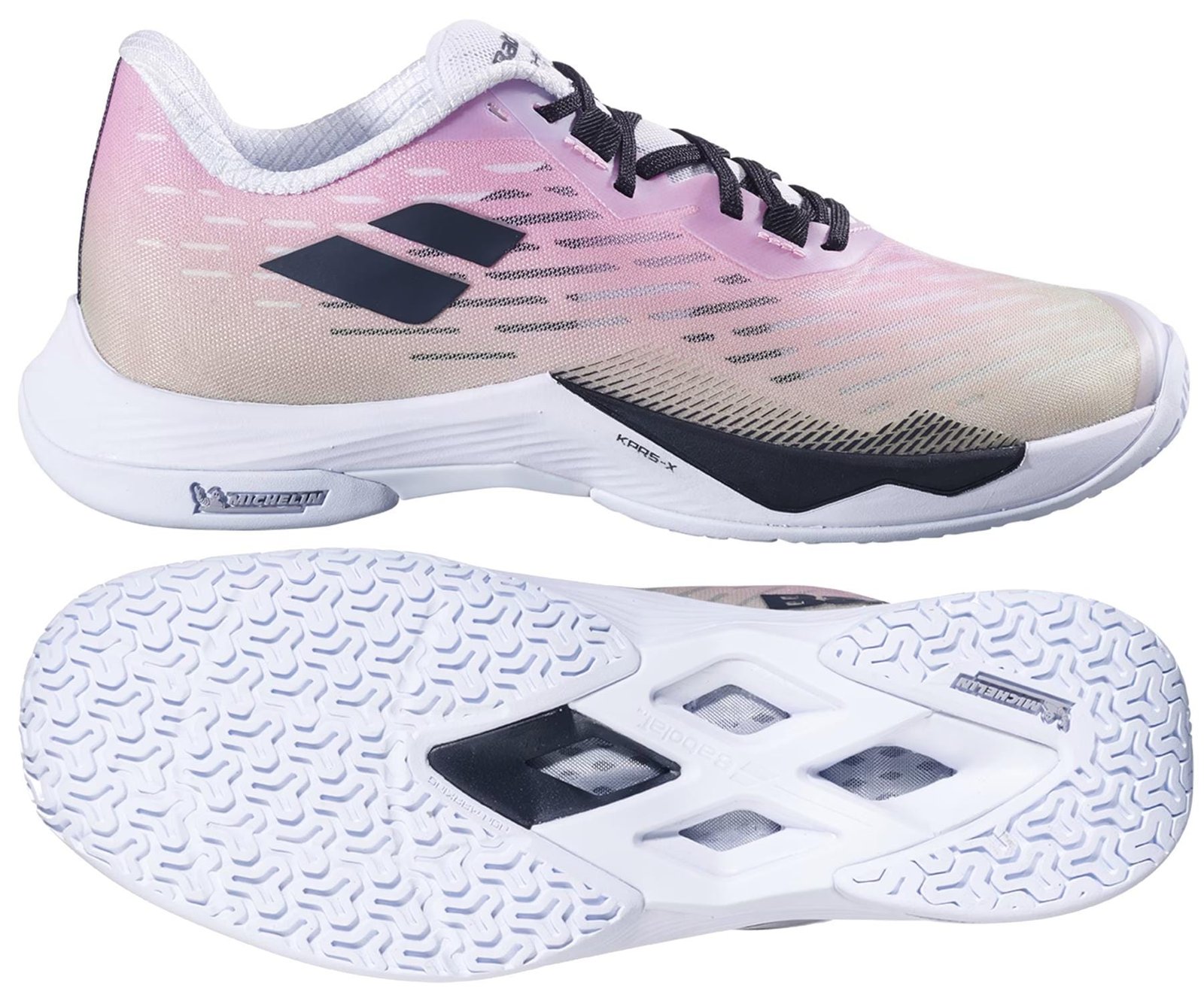 Babolat Shadow Tour 5 women's badminton shoe in pink and green, side view