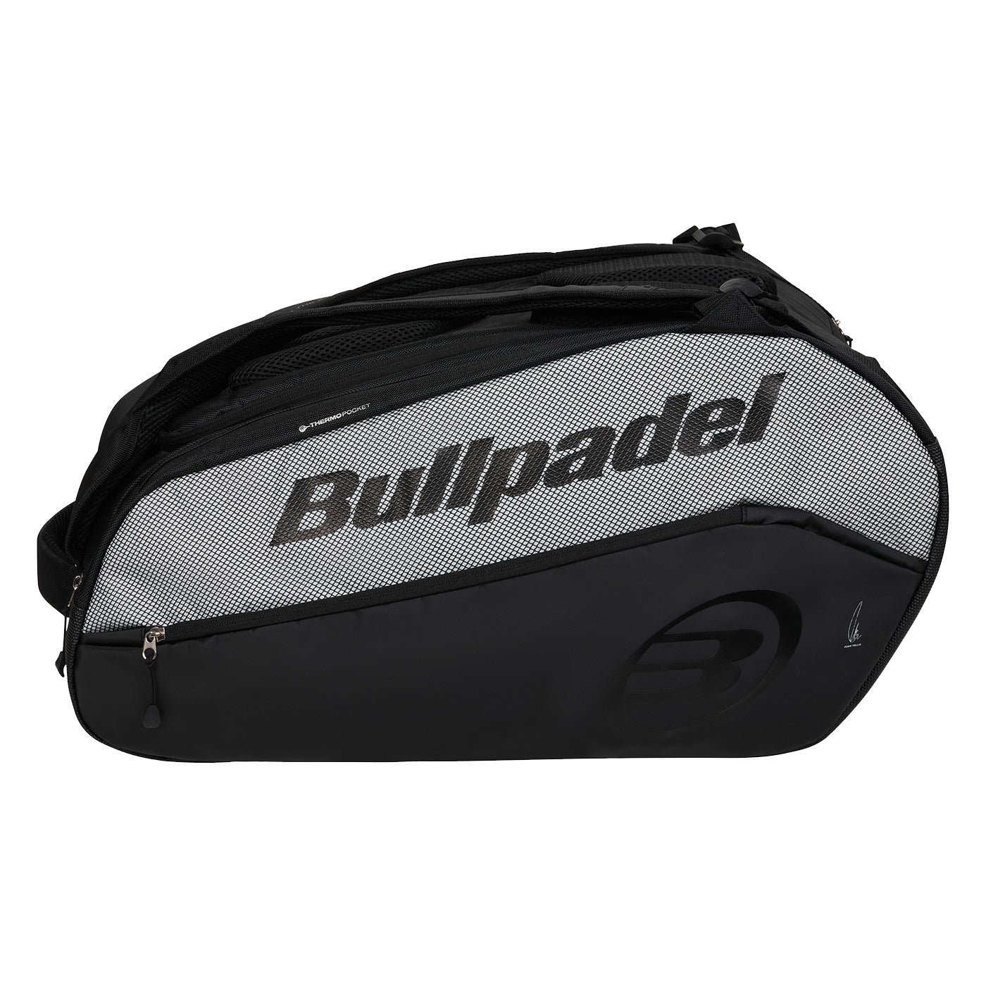 Bullpadel Vertex padel racket bag in black and white with thermo pocket