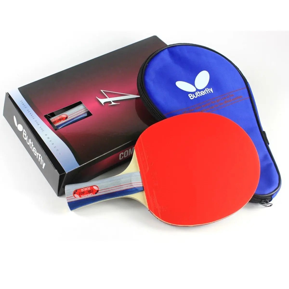 Butterfly 401 shakehand table tennis racket set with Yuki rubbers, flared handle and case