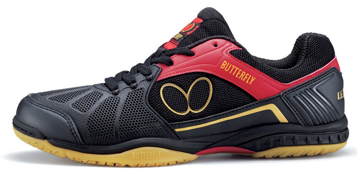 Butterfly Lezoline Rifones table tennis shoe in black and red with gold Butterfly logo and gum outsole edge