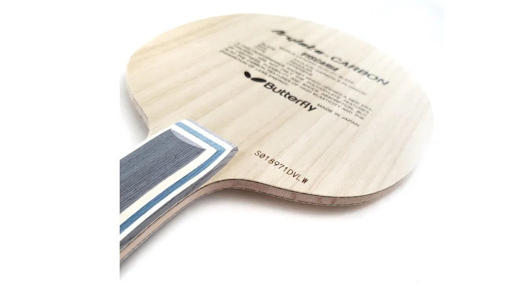 Butterfly Viscaria Arylate-Carbon table tennis blade angled view showing the striped flared handle