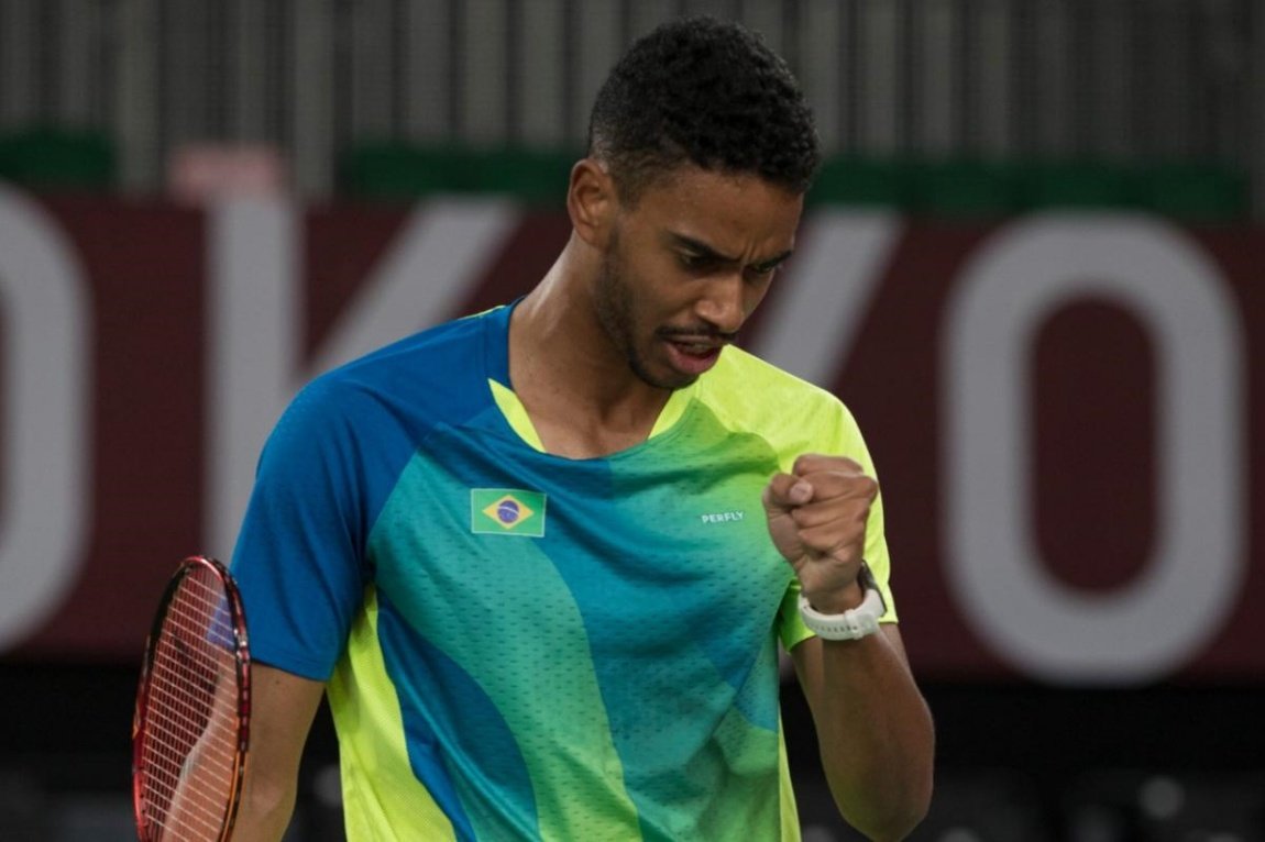 Brazil's Ygor Coelho playing senior tournament badminton at the Tokyo 2020 Olympic Games