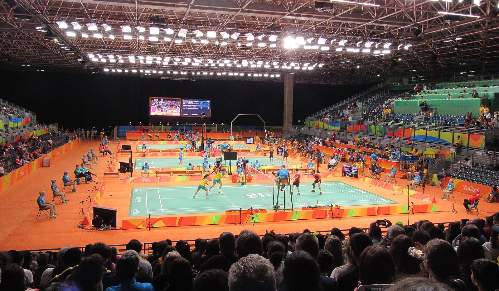 Senior tournament badminton in a packed arena at the Rio 2016 Olympic Games