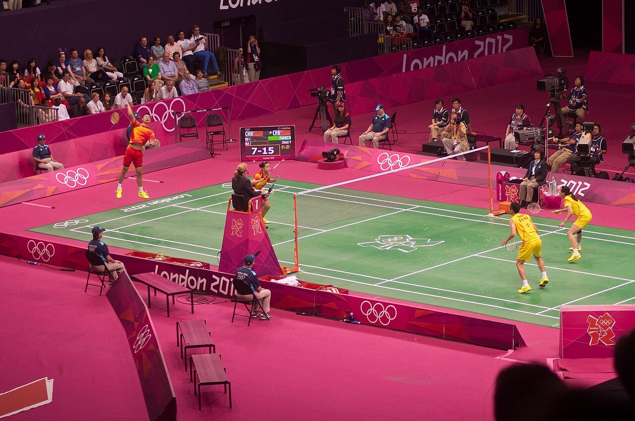 Players competing in the mixed doubles final at the London 2012 Olympic Games