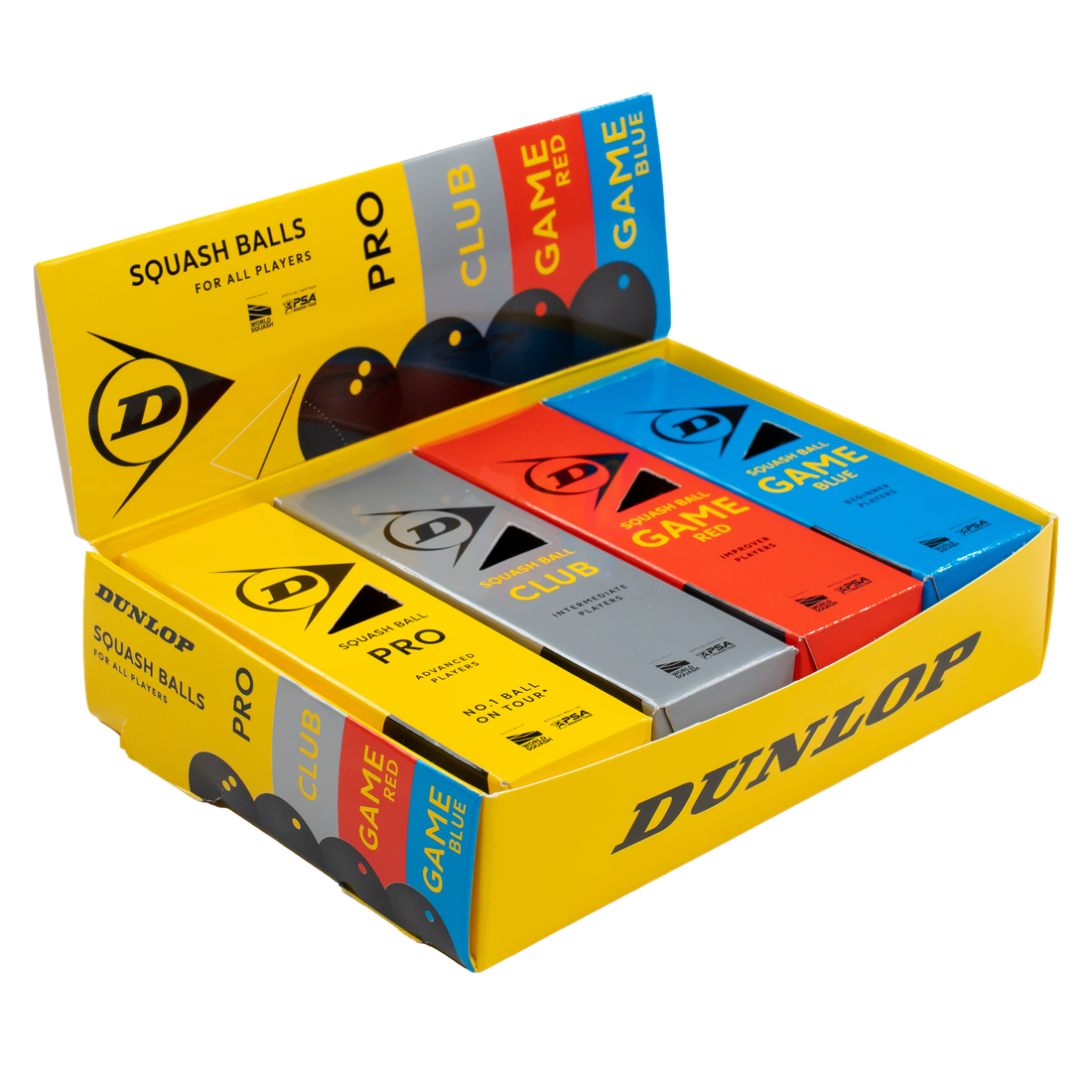 Dunlop mixed squash ball pack showing the four dot grades — Pro, Club, Game Red and Game Blue — side by side