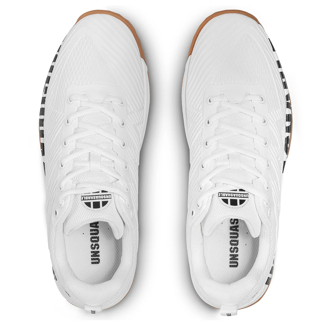 UNSQUASHABLE FAST-TEC PRO squash shoes from above showing the welded TPU upper and gum rubber wrapping the toe