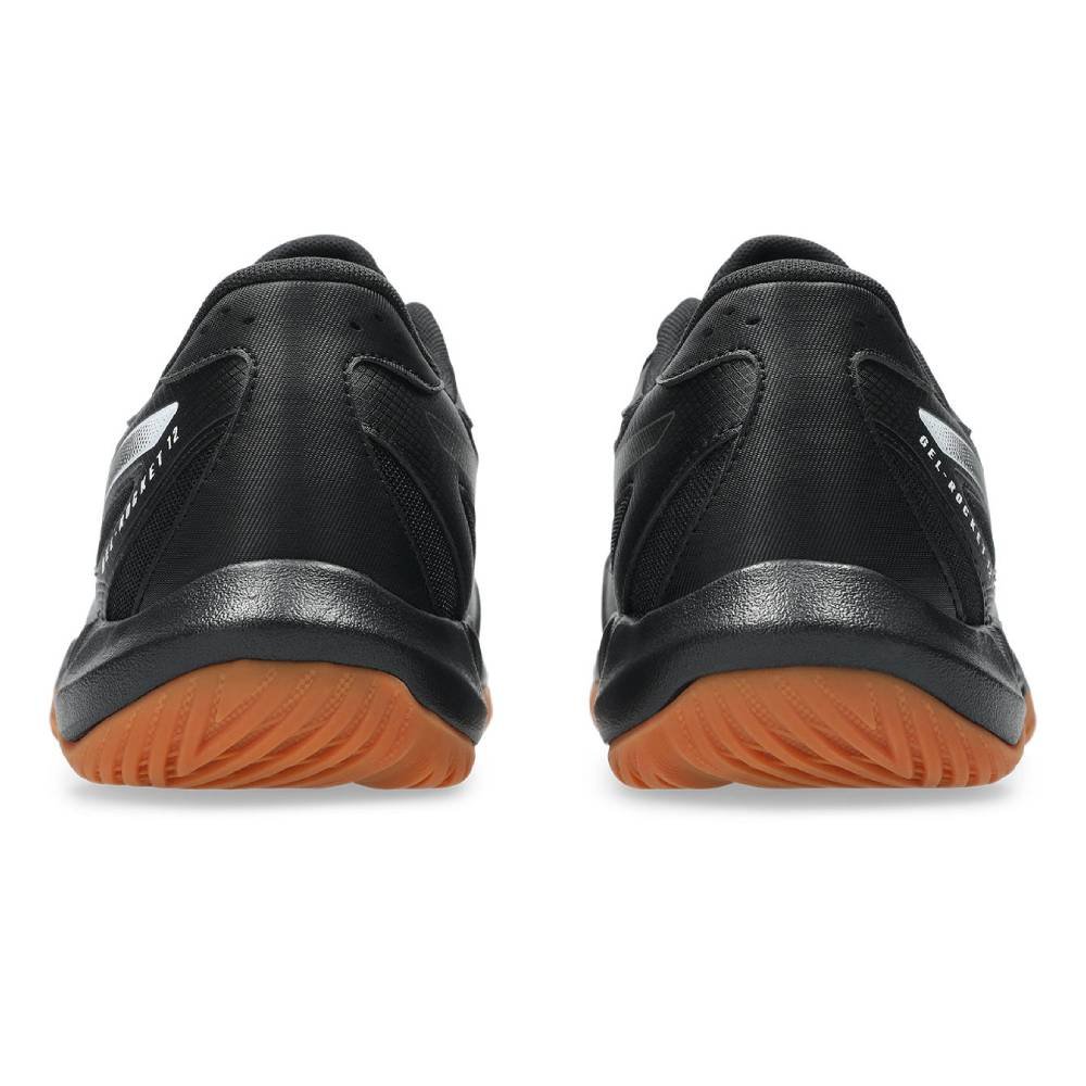 Asics Gel-Rocket 12 indoor court shoes from behind showing the structured heel counter and gum rubber outsole