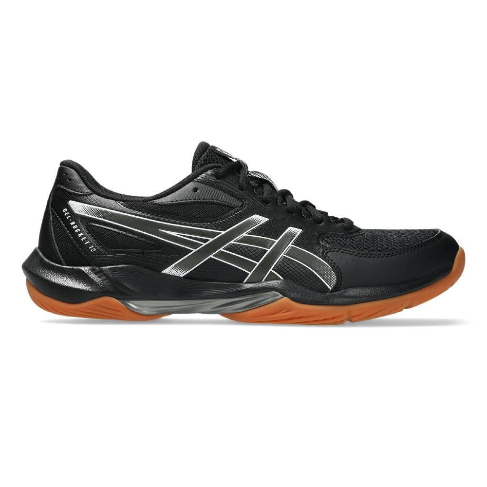 Asics Gel-Rocket 12 indoor court shoe side profile showing low court-shoe stance and gum rubber outsole wrap
