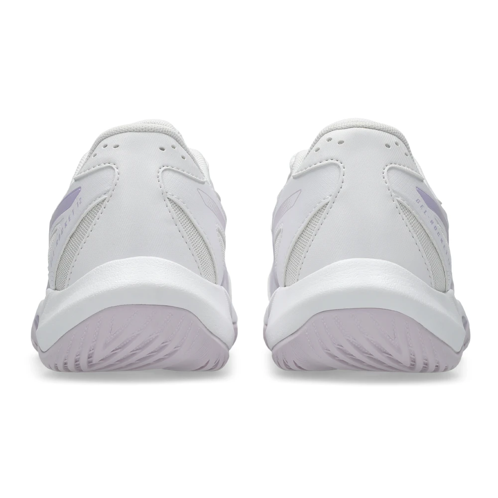 Pair of ASICS Gel-Rocket 12 women's shoes from behind showing the heel counters and outsole tread