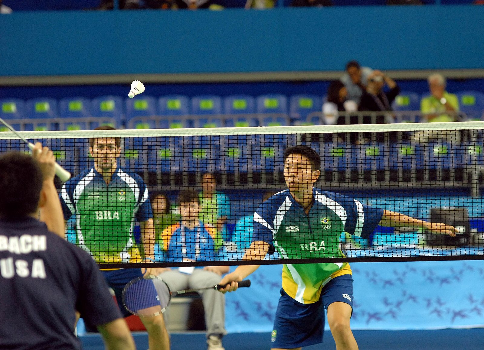 Men's doubles badminton match in progress at the Rio 2007 Pan American Games