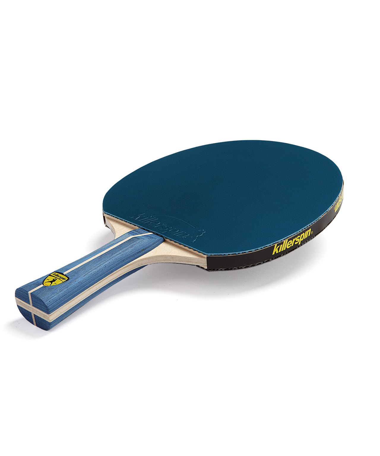 Detail view of the Killerspin JET200 table tennis paddle showing its edge tape and flared handle finish