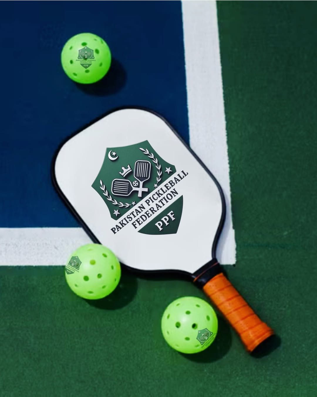 Close-up of a pickleball paddle face and grip showing the textured surface and handle wrap