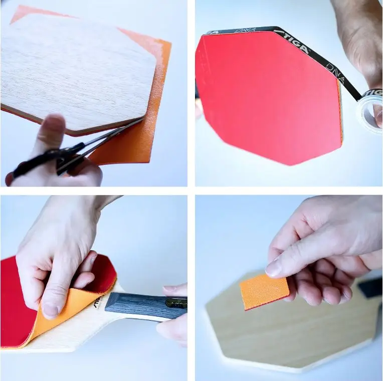 Assembling a custom table tennis bat — cutting a rubber sheet to the blade, applying edge tape and fitting the sponge