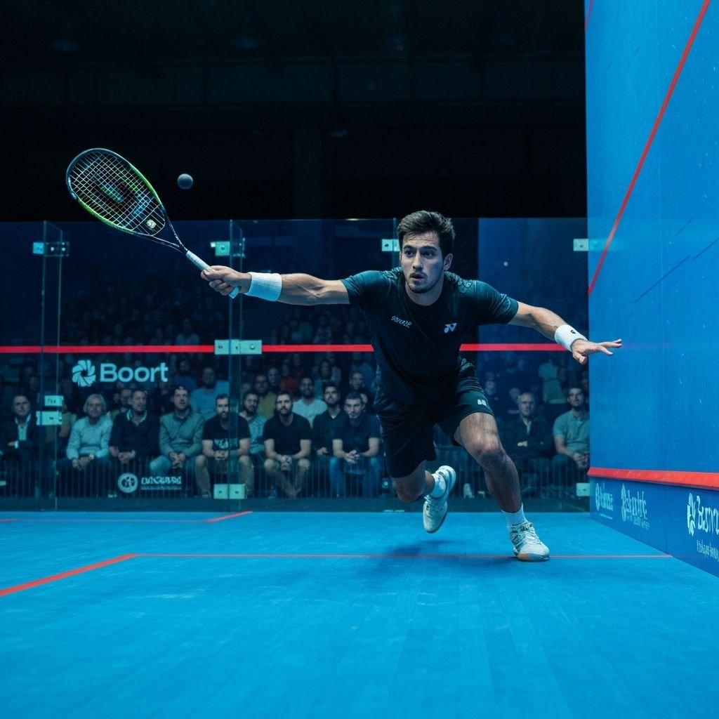 Squash player lunging to play a forehand on a glass show court