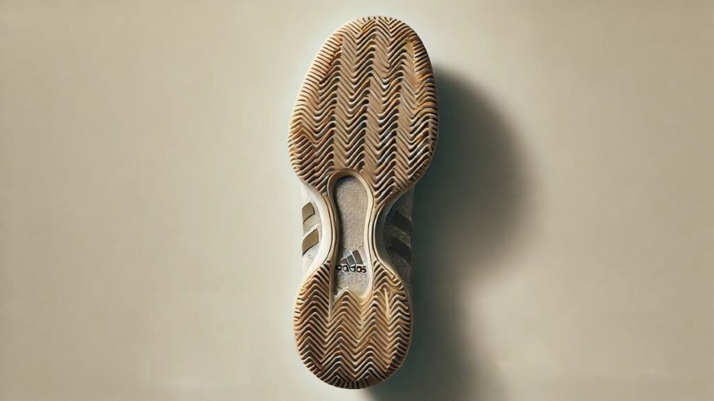 Close-up of a squash shoe on court showing wear across the toe where the trailing foot drags
