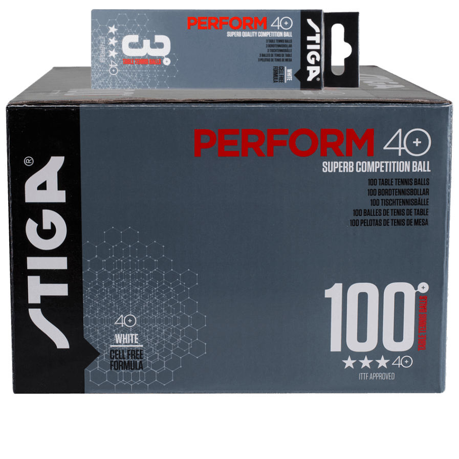 STIGA Perform 40+ 3-star table tennis balls in the 100-ball club carton — bulk format of the ITTF-approved ball