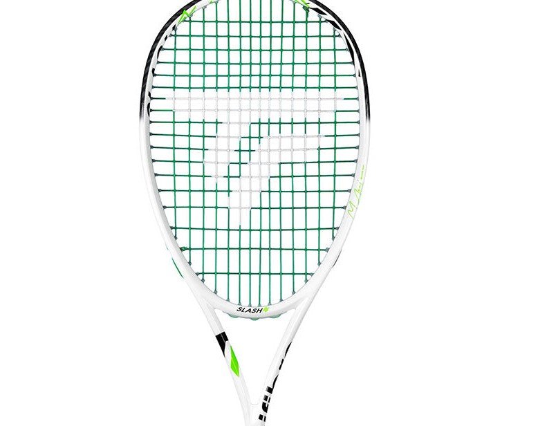 Squash racket head strung with green Tecnifibre 305 string showing the fan string pattern
