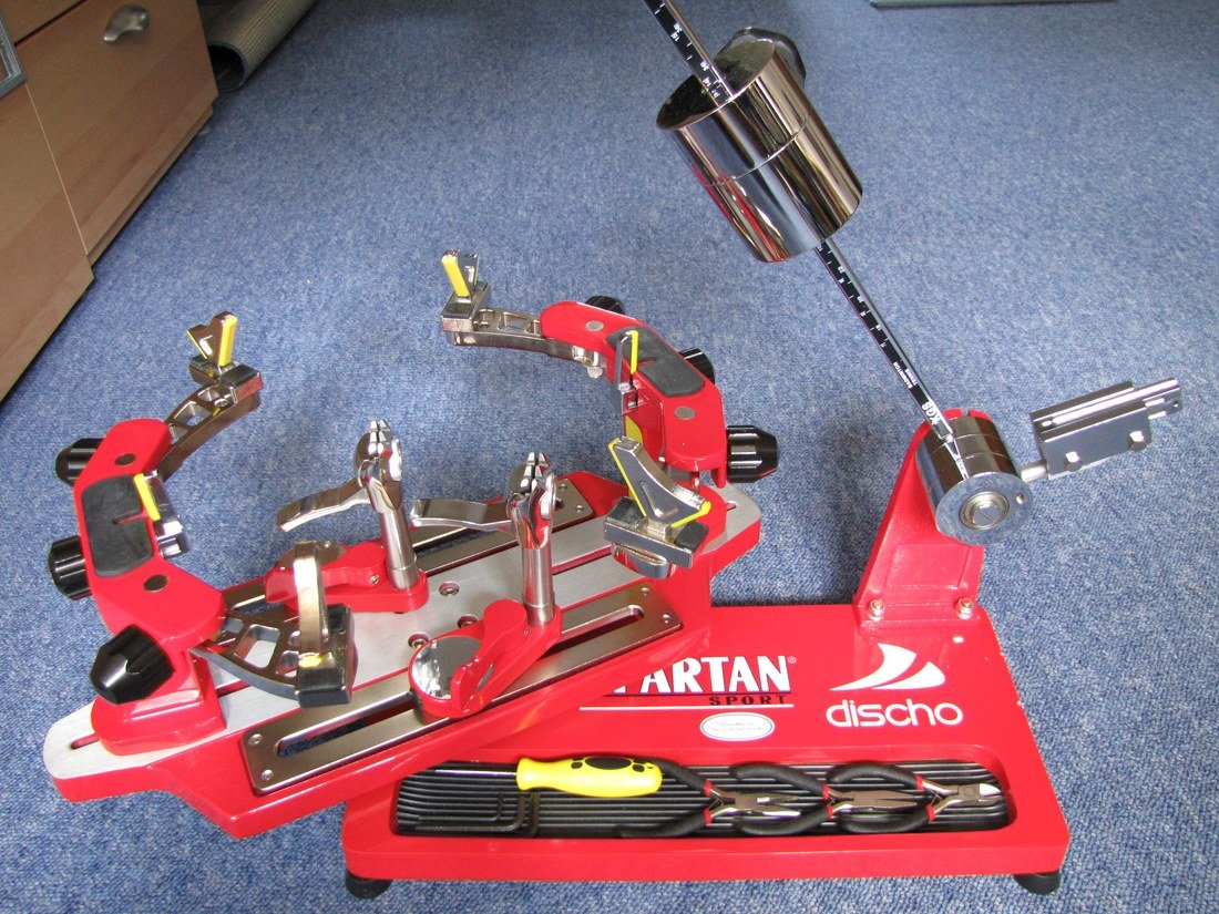 Drop-weight racket stringing machine with clamps and stringing tools