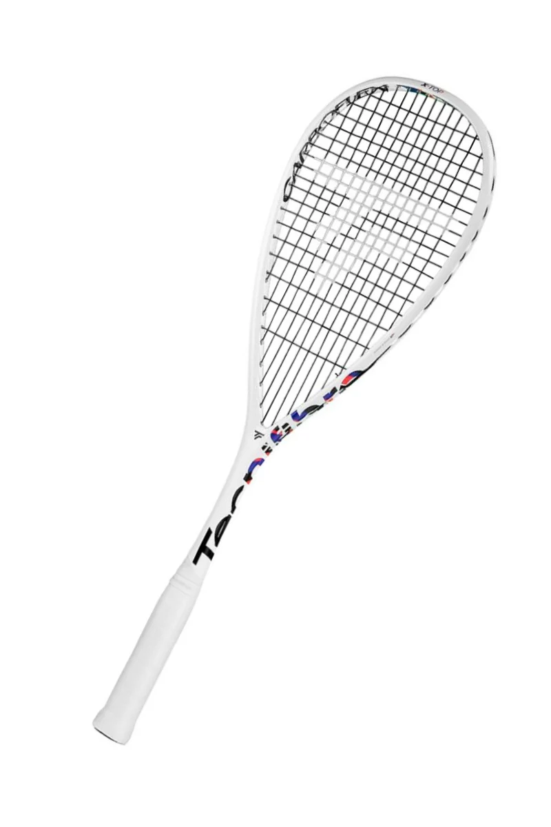 Tecnifibre Carboflex X-Top V2 130 squash racket at an angle showing the aramid X-TOP head protection