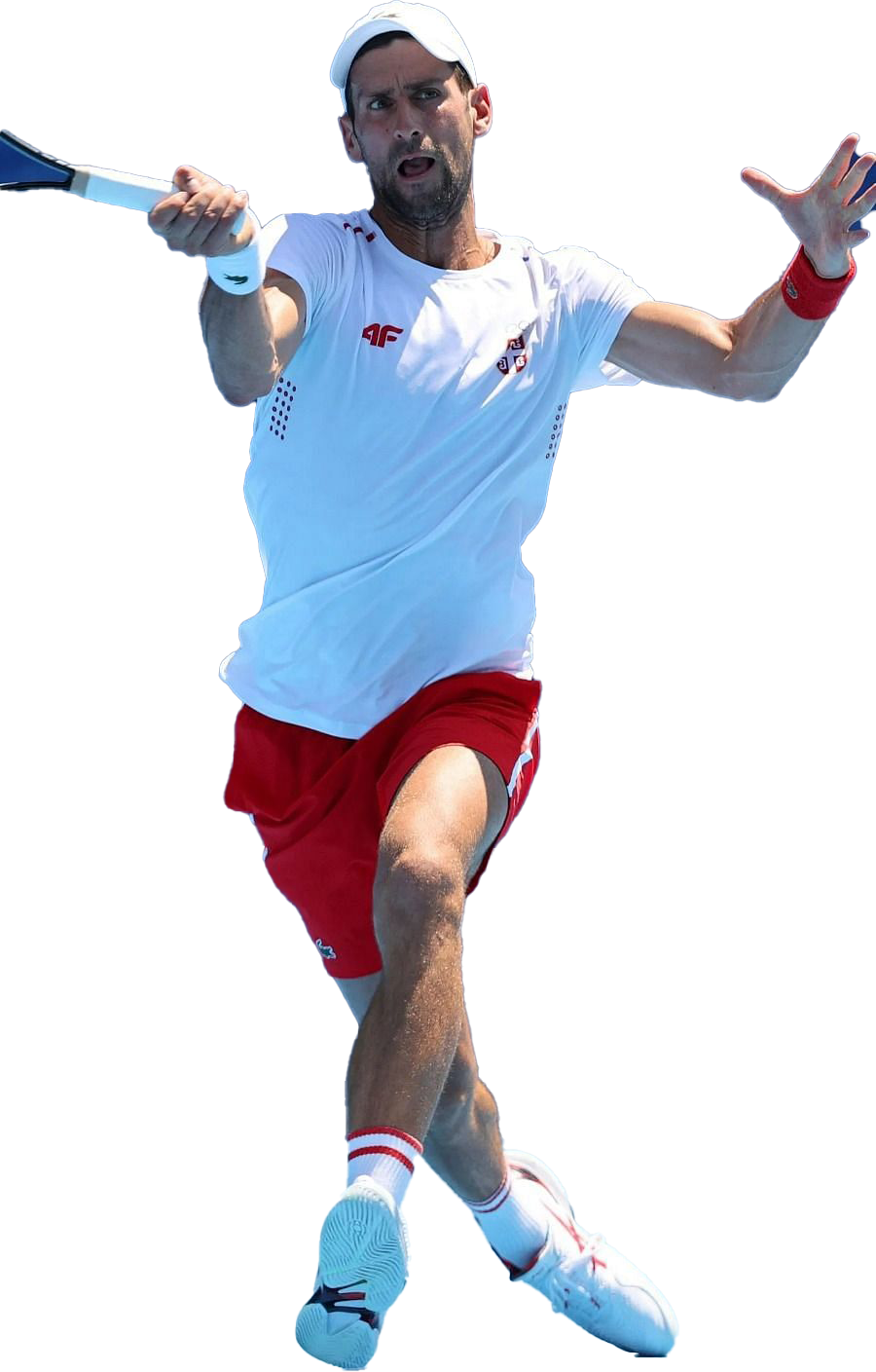 Tennis player driving a forehand with a modern performance racket