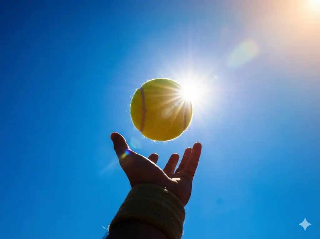 Tennis player tossing the ball to serve on an outdoor hard court