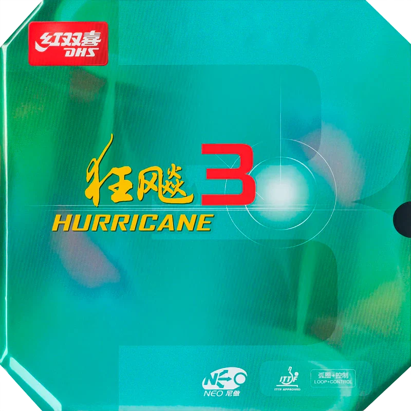 DHS Hurricane 3 NEO table tennis rubber in its green octagonal packaging