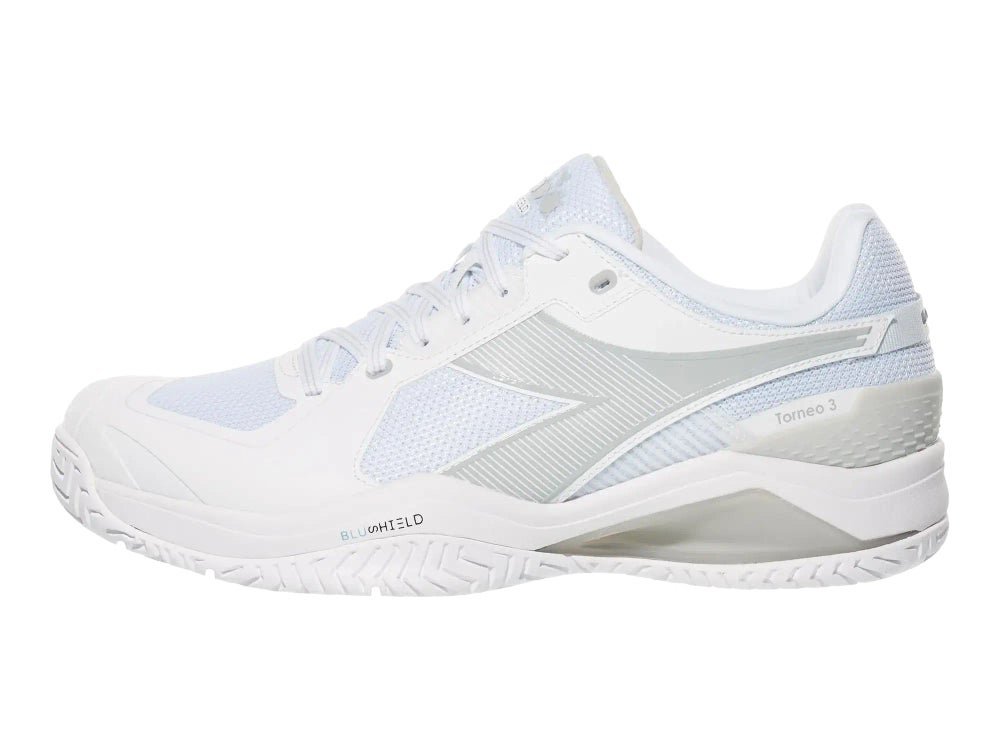 Diadora Speed Blushield Torneo 3 tennis shoe in white with CCB stabiliser and Duratech 5000 outsole