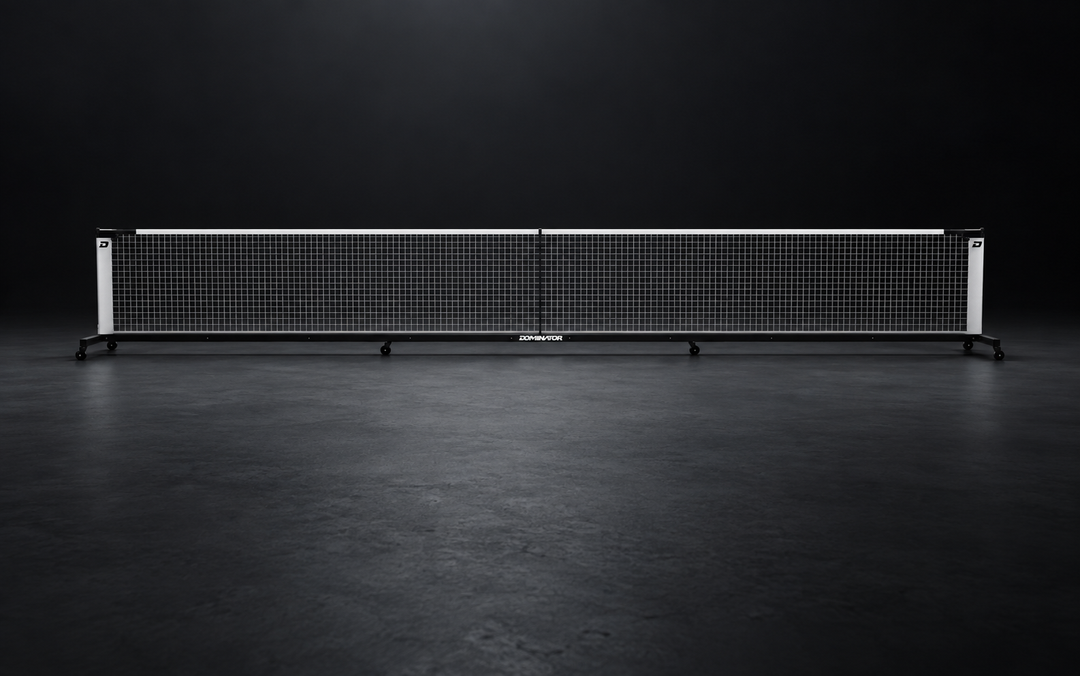 Dominator rolling portable pickleball net in black aluminium
