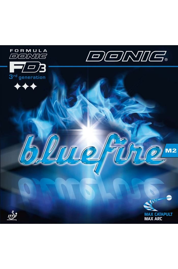 Donic Bluefire M2 table tennis rubber packaging with blue flame design