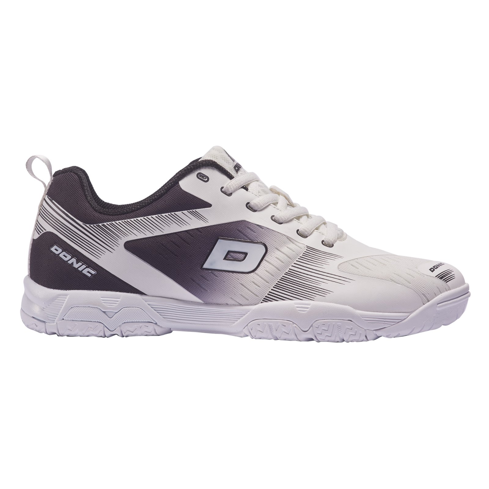 Donic Draven GSX table tennis shoe in white and black, side view showing its low flat profile