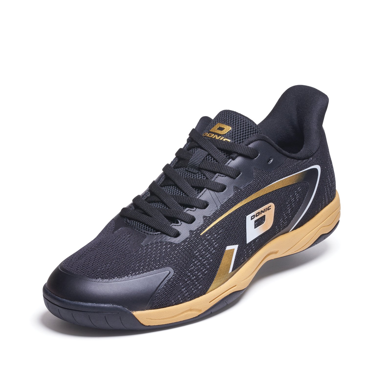 Donic Panther table tennis shoe in black and gold with breathable jacquard upper