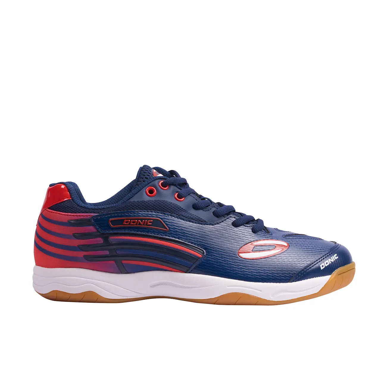 Donic Spaceflex table tennis shoe in navy and red with a natural rubber outsole