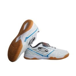 Donic Waldner Flex III table tennis shoe in white, cyan and black with nylon mesh upper