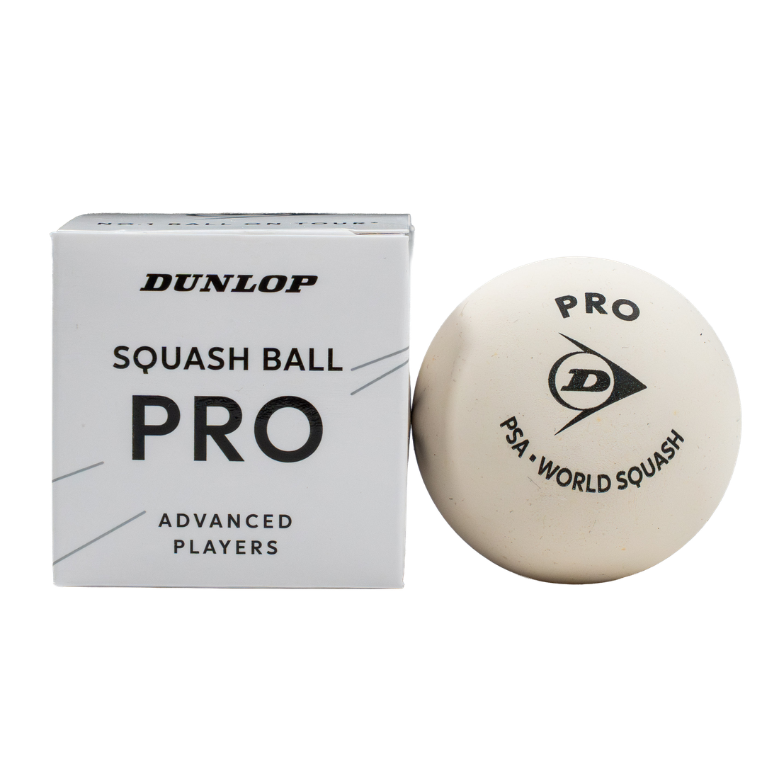 Dunlop Pro White squash ball — single ball pack of the white double yellow dot ball made for all-glass show courts