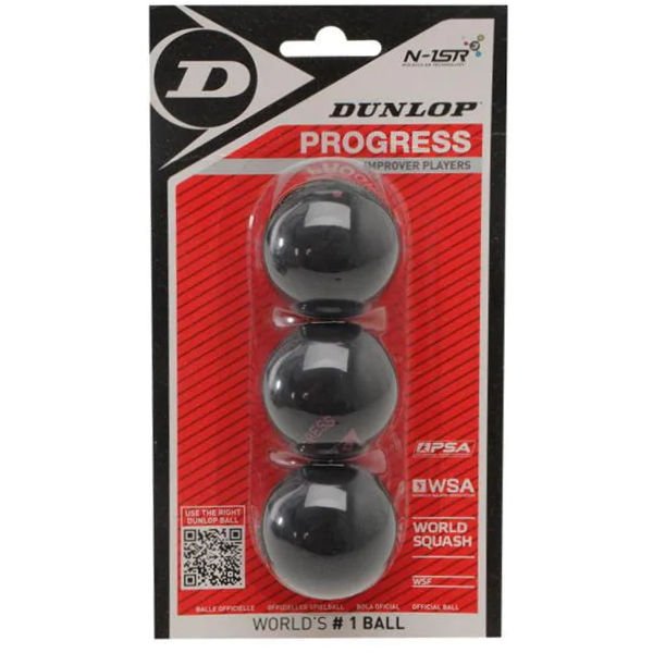 Dunlop Progress squash balls — blister pack of the red dot improver ball, 6% larger than standard