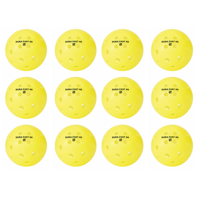 Dura Fast 40 outdoor pickleball in yellow with 40 holes in two sizes
