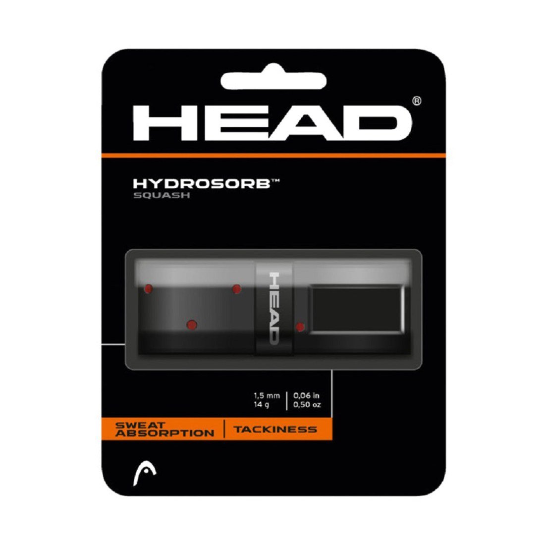 HEAD HydroSorb Squash replacement grip retail pack showing 1.5 mm thickness and 14 g weight